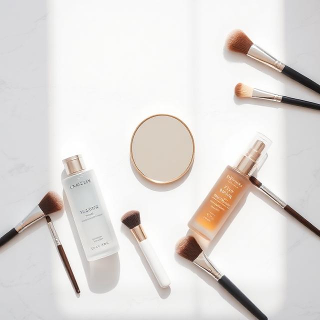 Produtos de beleza e pincéis sobre mármore