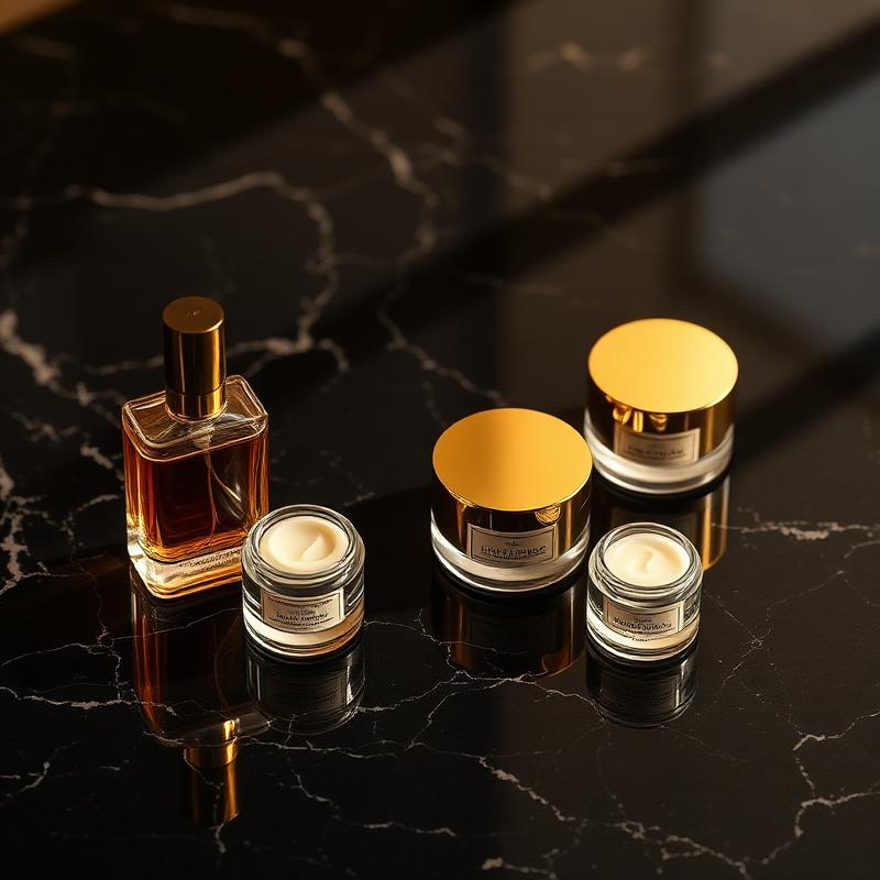 Cosméticos de luxo sobre mármore escuro com luz dourada