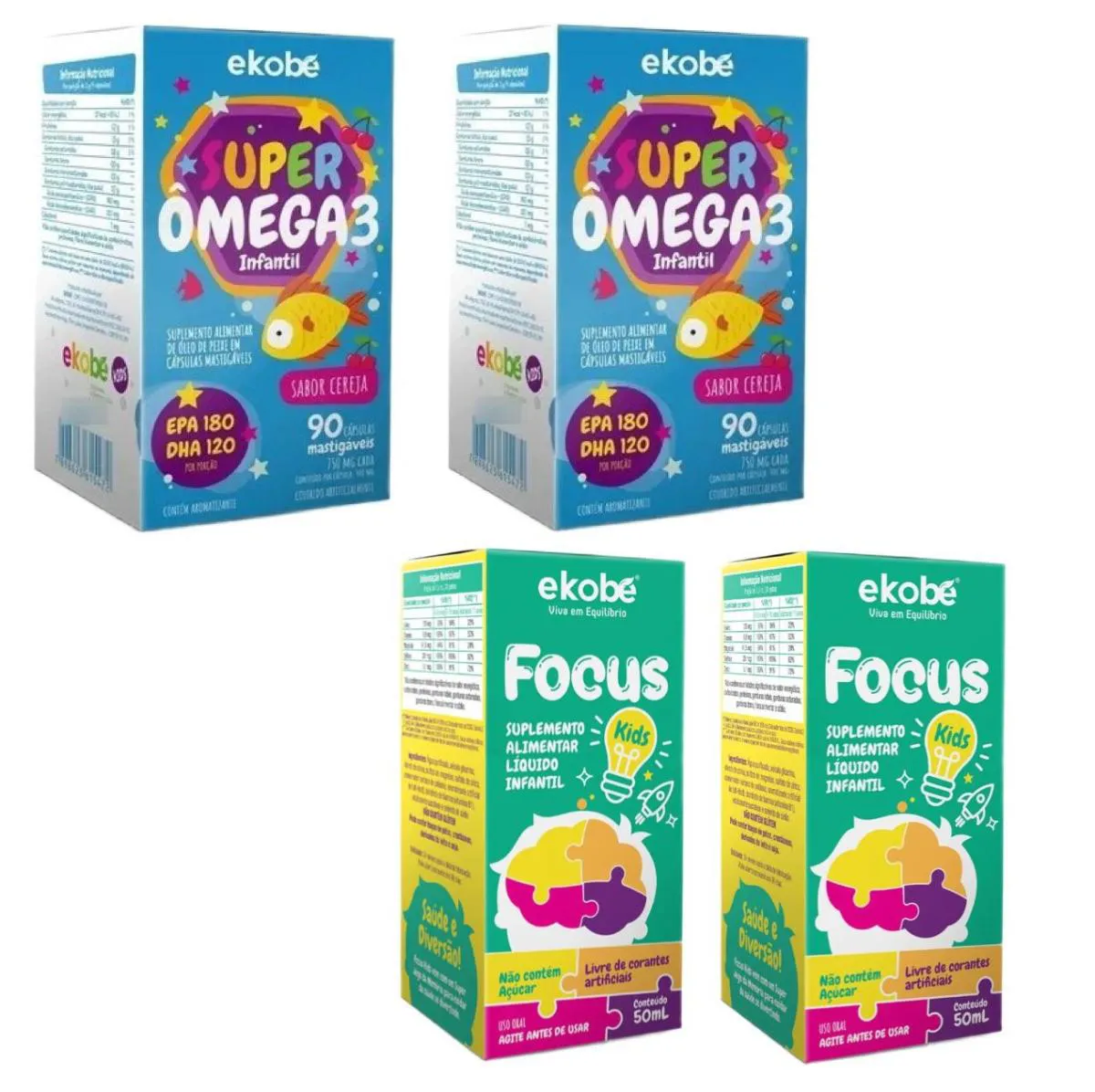 2x Focus Kids para Memória + 2x Super Ômega 3 – Ekobé Kids