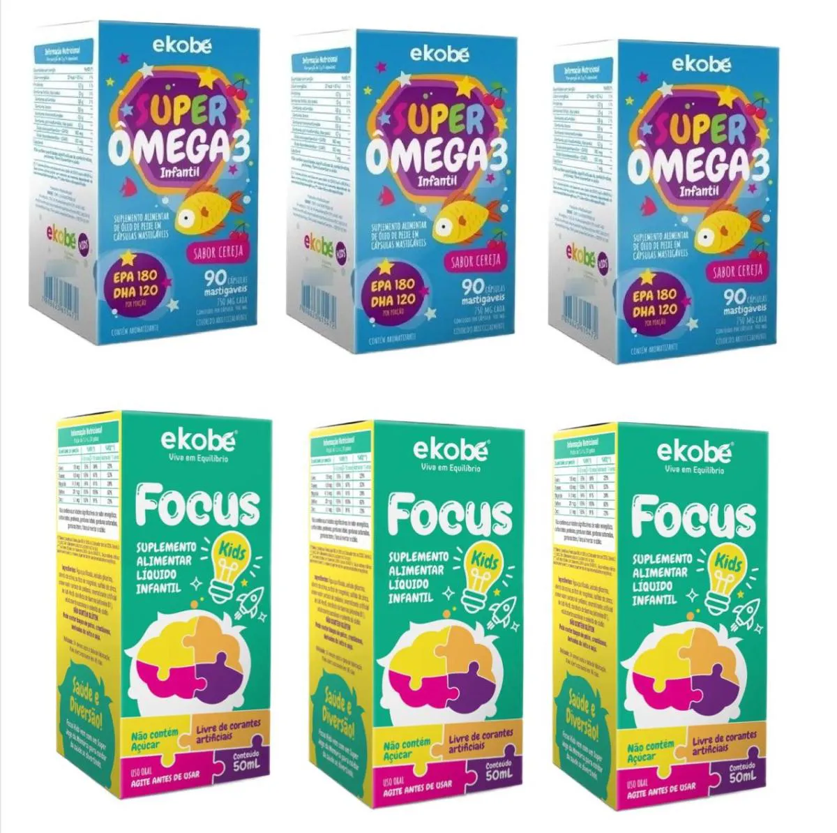 3x Focus Kids para Memória + 3x Super Ômega 3 – Ekobé Kids