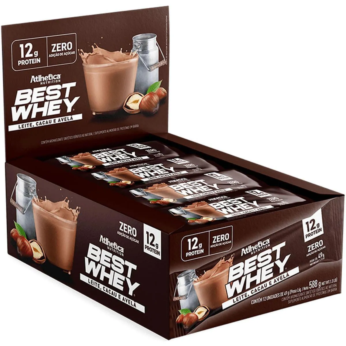Barra Proteica Best Whey – 12 Barras 49G Leite, Cacau e Avelã – Atlhetica Nutrition