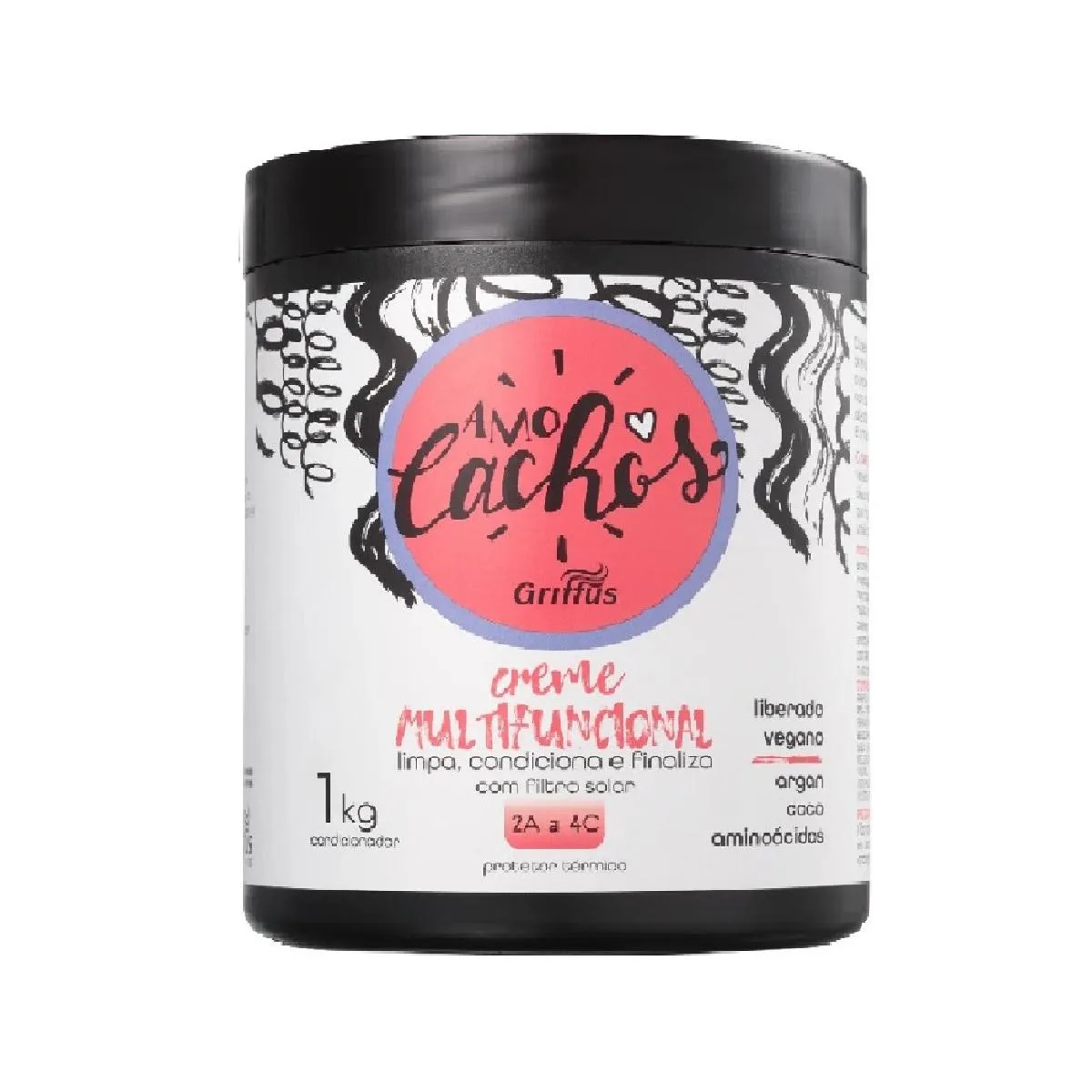 Creme multifuncional limpa, condiciona e finaliza 2a a 4c vegano amo cachos griffus 1kg