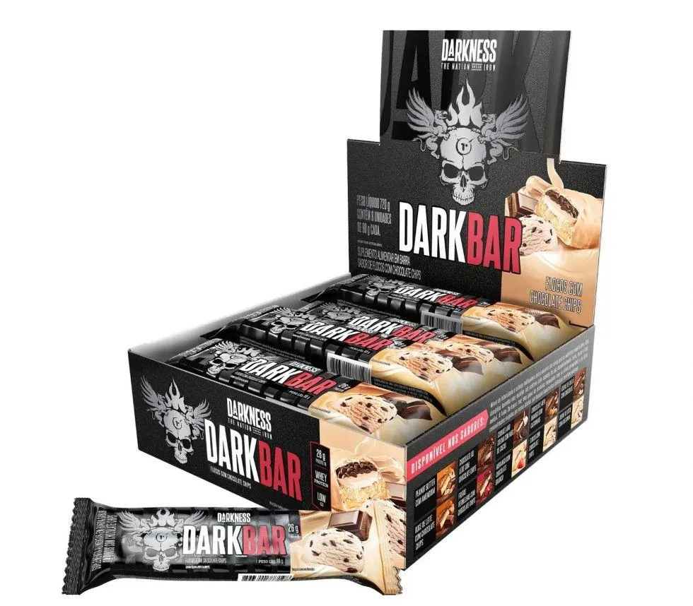 Dark Bar Caixa 8 unidades (720g) – Nova Embalagem – Sabor: Flocos c/ Chocolate Chips