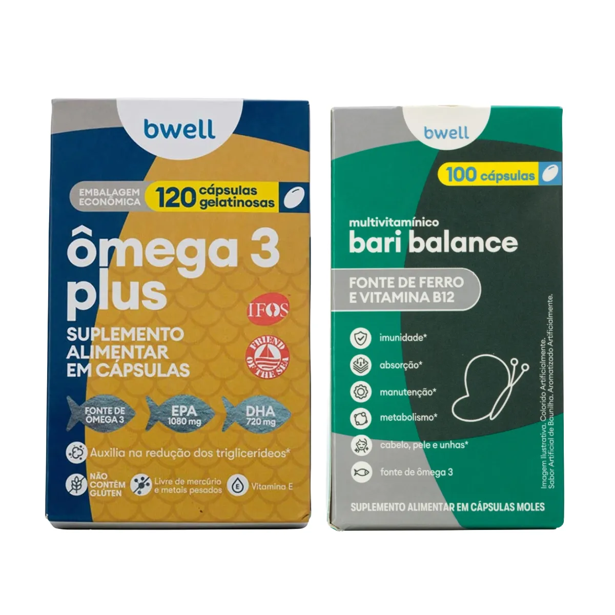 Kit 1 Ômega 3 Plus bwell 120 Cápsulas + 1 Polivitamínico Bariátrico Bwell Bari Balance 100 Cápsulas