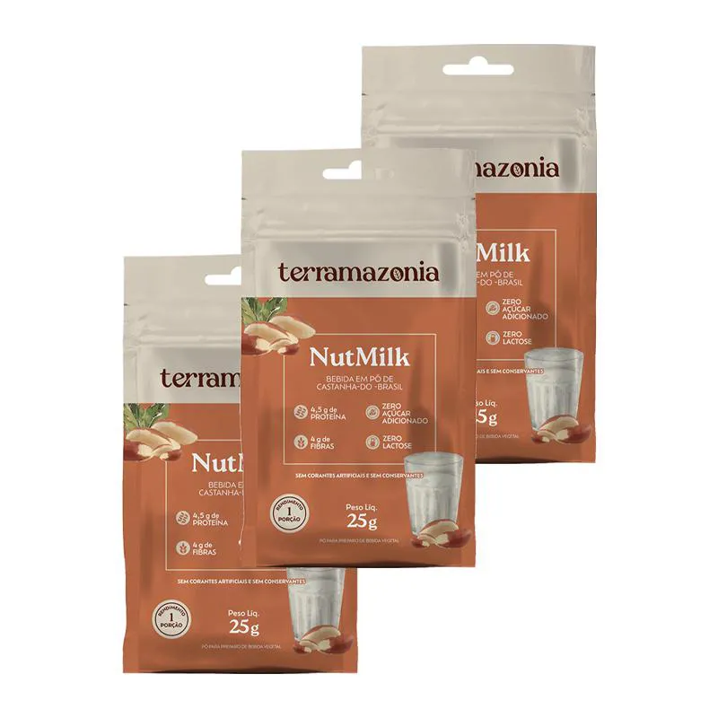 Kit 3x: Bebida Vegetal de Castanha do Pará em Pó Nutmilk Sachê Terramazônia 25g