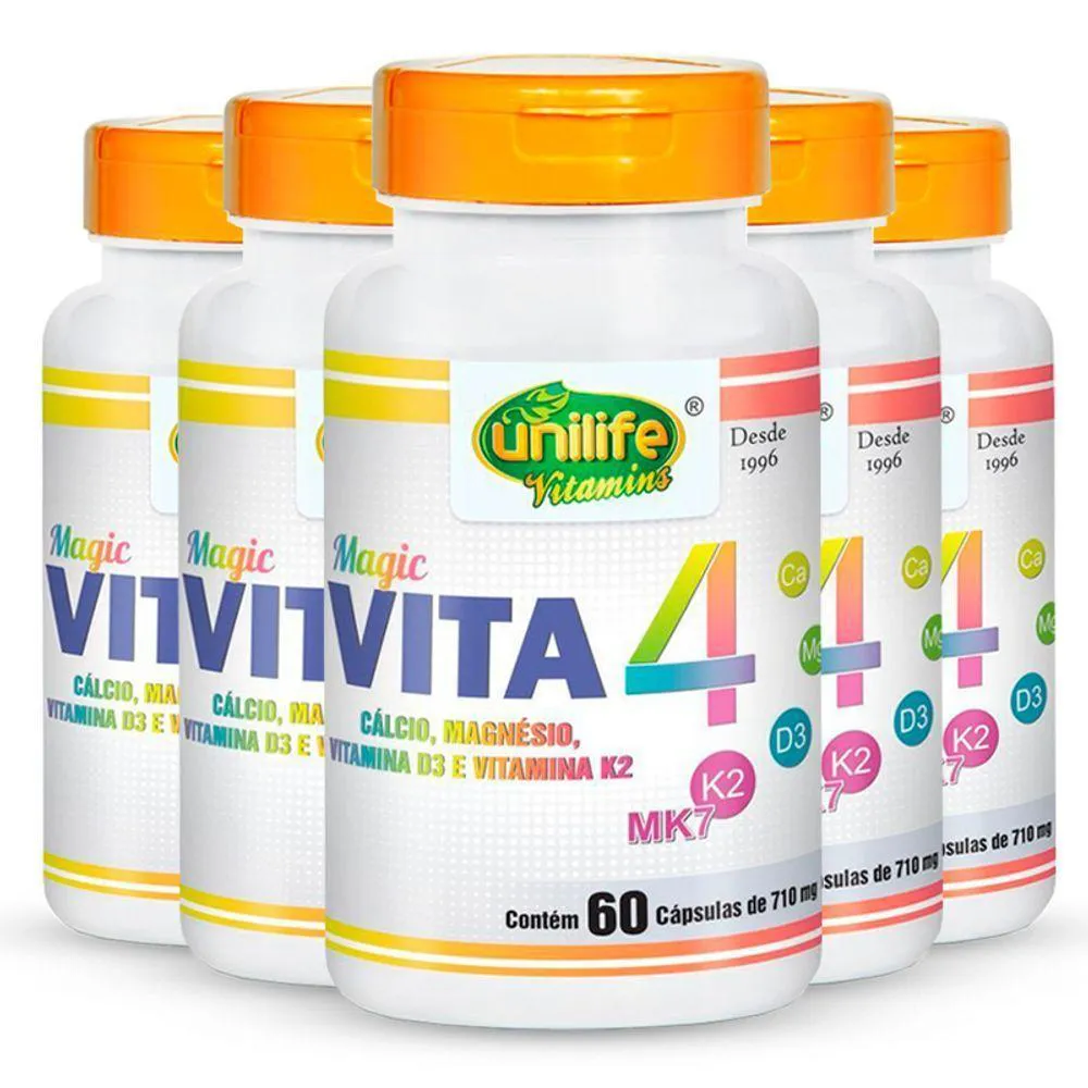 Kit 5 Vita 4 Cálcio Magnésio Vitamina D e K2 Unilife 60 Cápsulas.