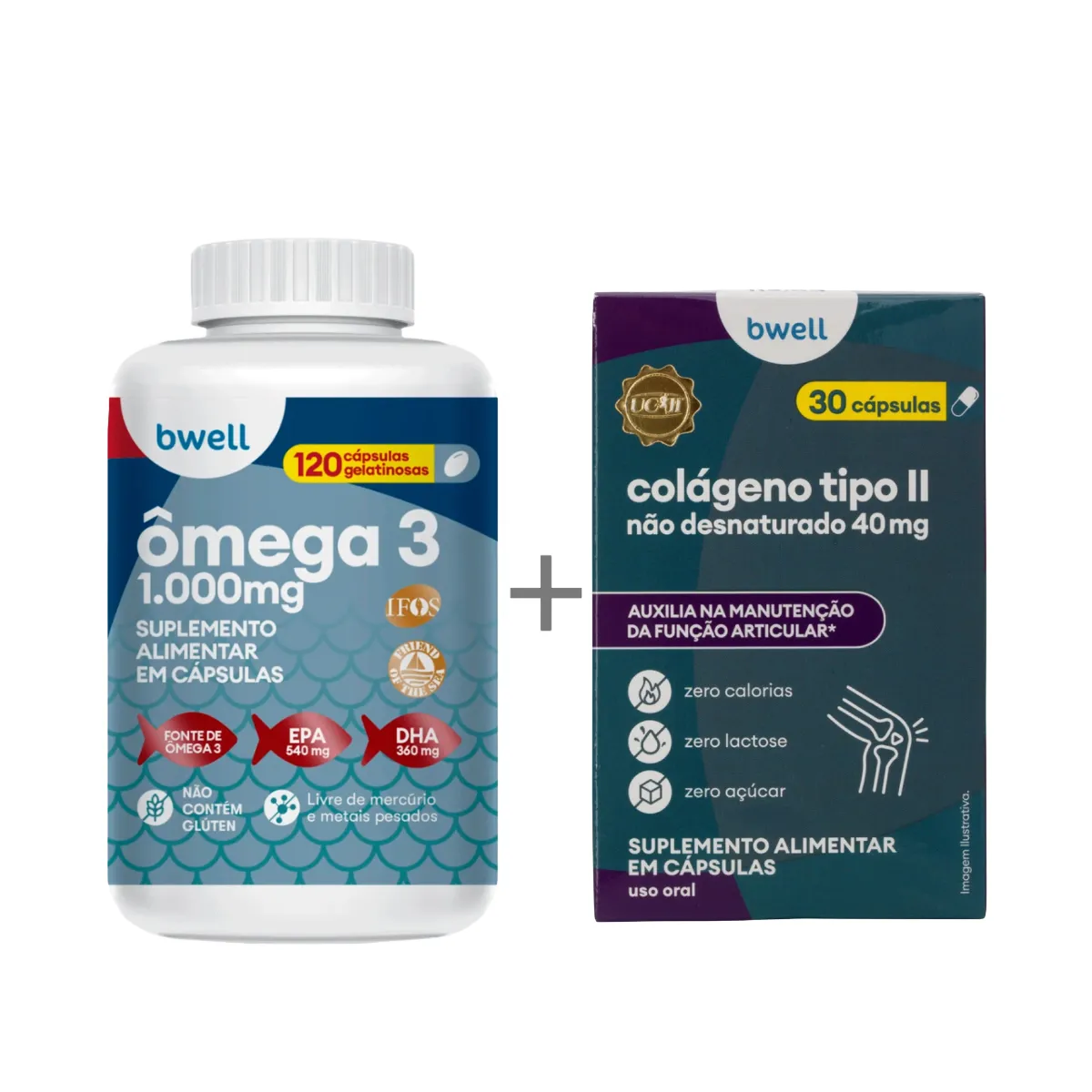 Kit Bwell Ômega 3 120 Cápsulas + Colágeno Tipo II Não Desnaturado 40mg 30 Cápsulas