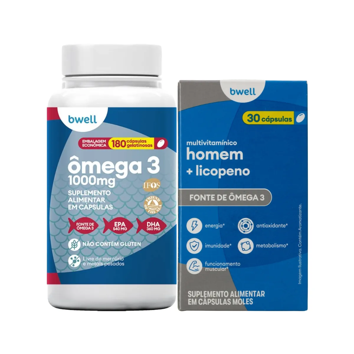 Kit Bwell Ômega 3 180 Cápsulas + Polivitamínico Homem 30 Cápsulas