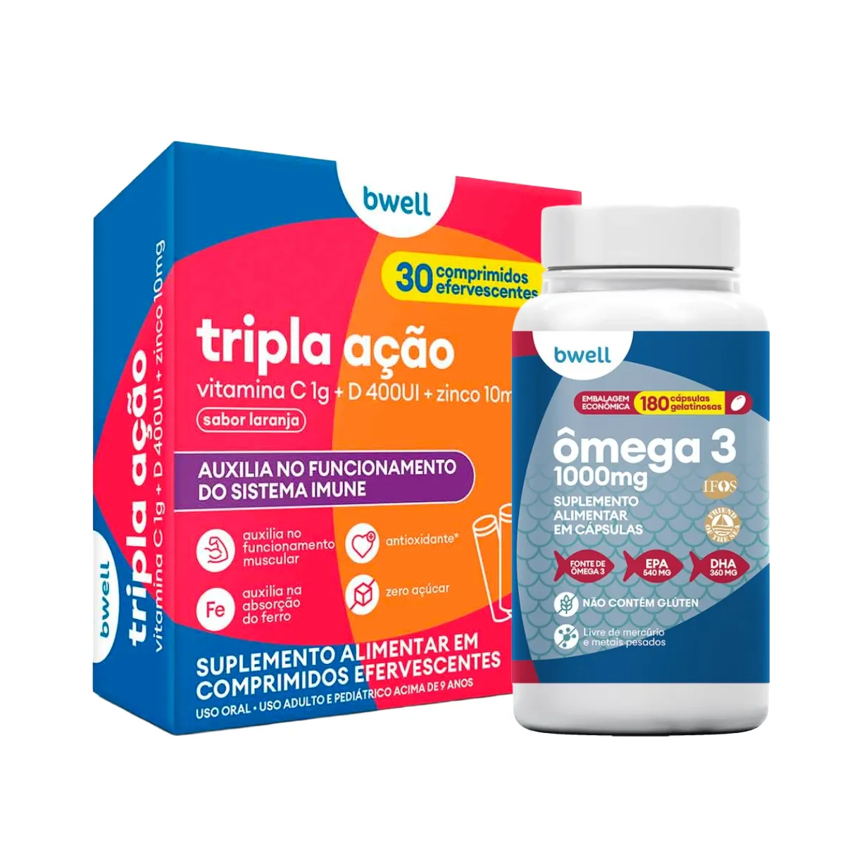 Kit Bwell Ômega 3 180 Cápsulas + Vitamina C Tripla Ação 30 Comprimidos Efervescentes