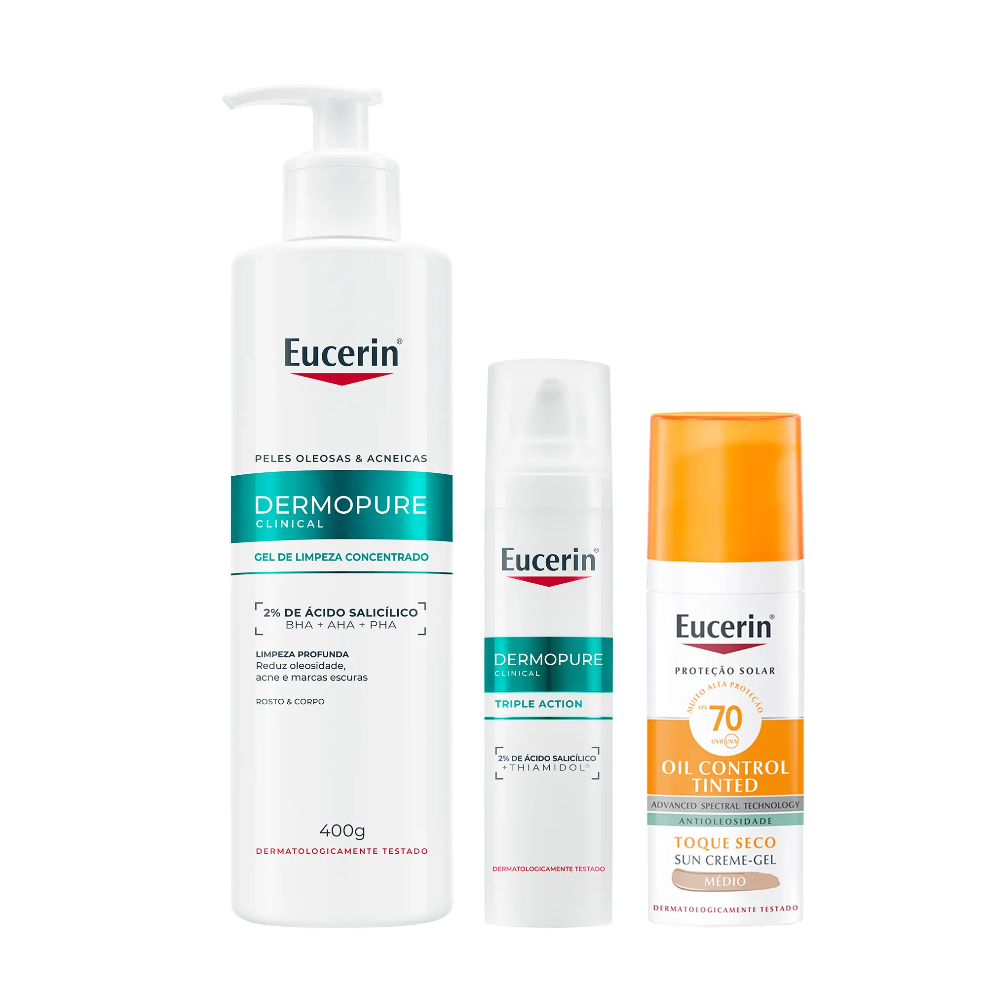 Kit Facial Eucerin Gel de Limpeza Dermo Pure Concentrado 400g + Sérum DermoPure Oil Control Efeito Triplo 40ml + Protetor Solar Sun Oil Control Tinted FPS 70 Médio 50ml