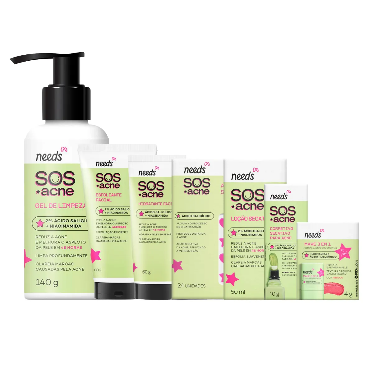 Kit Facial Needs SOS Acne Adesivo Secativo + Stick Make 3 em 1 + Corretivo Secativo + Hidratante + Esfoliante + Gel de Limpeza + Loção Secativa