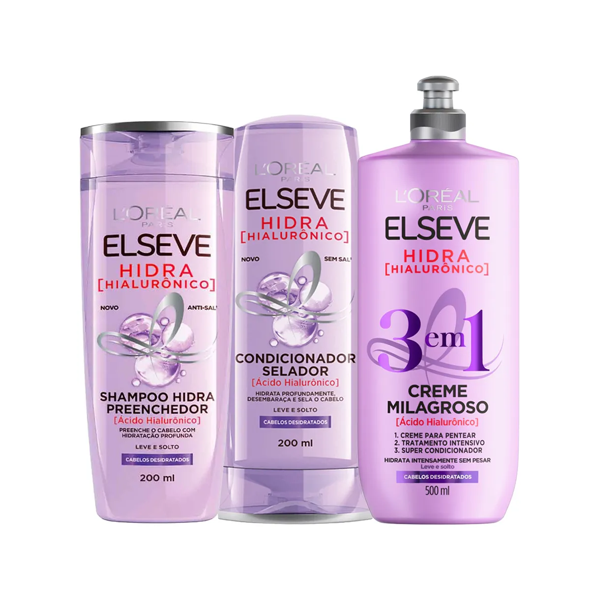 Kit L’Oréal Paris Elseve Hidra Hialurônico Shampoo 200ml + Condicionador 200ml + Creme 3 em 1 500ml