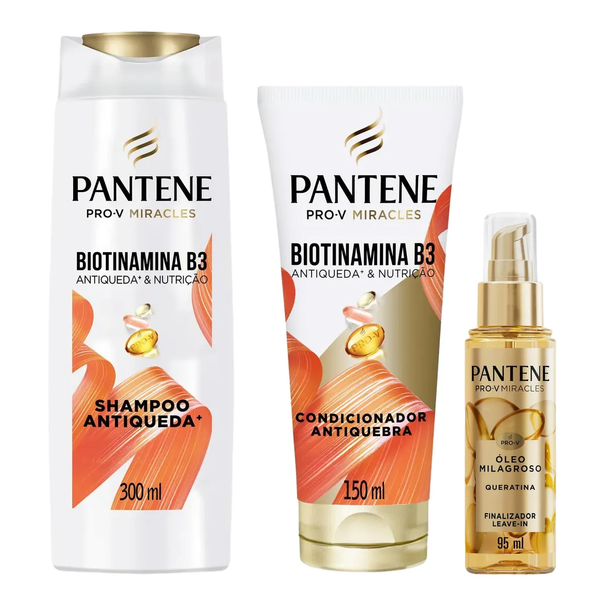 Kit Pantene Biotinamina B3 Antiqueda & Nutrição Shampoo 300ml + Condicionador 150ml + Óleo Milagroso Finalizador Leave-in Queratina 95ml