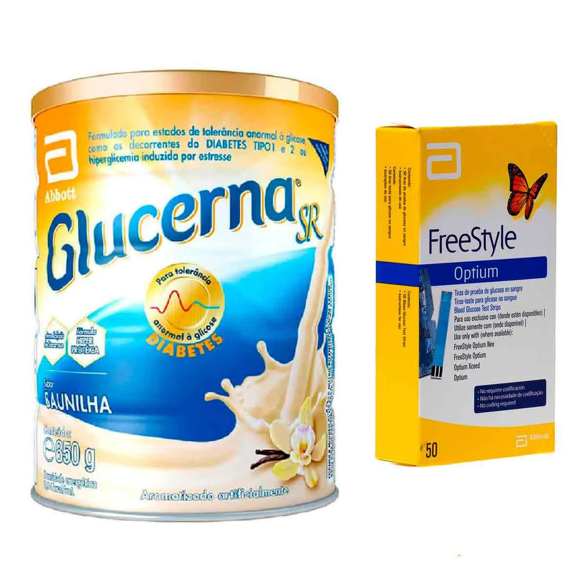 Kit Suplemento Alimentar Glucerna Baunilha 850g + Tiras para Teste de Glicemia Freestyle Optium 50 Unidades
