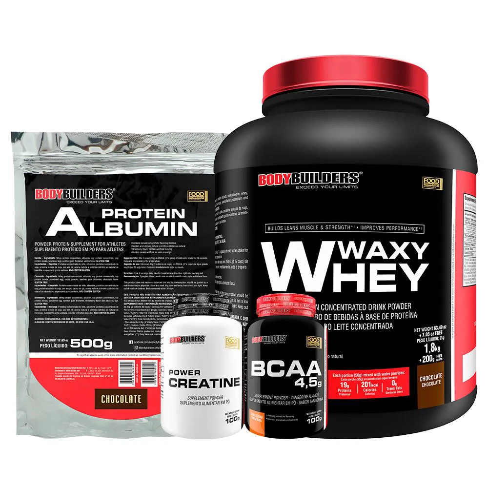 Kit Waxy Whey 2kg + Albumina 500g + Bcaa 100g Tangerina + Power Creatina 100g – Bodybuilders