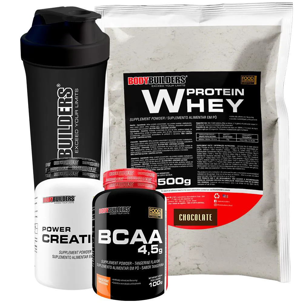 Kit Whey Protein 500g + Bcaa 4,5 100g + Power Creatine 100g + Coqueteleira – Bodybuilders Chocolate