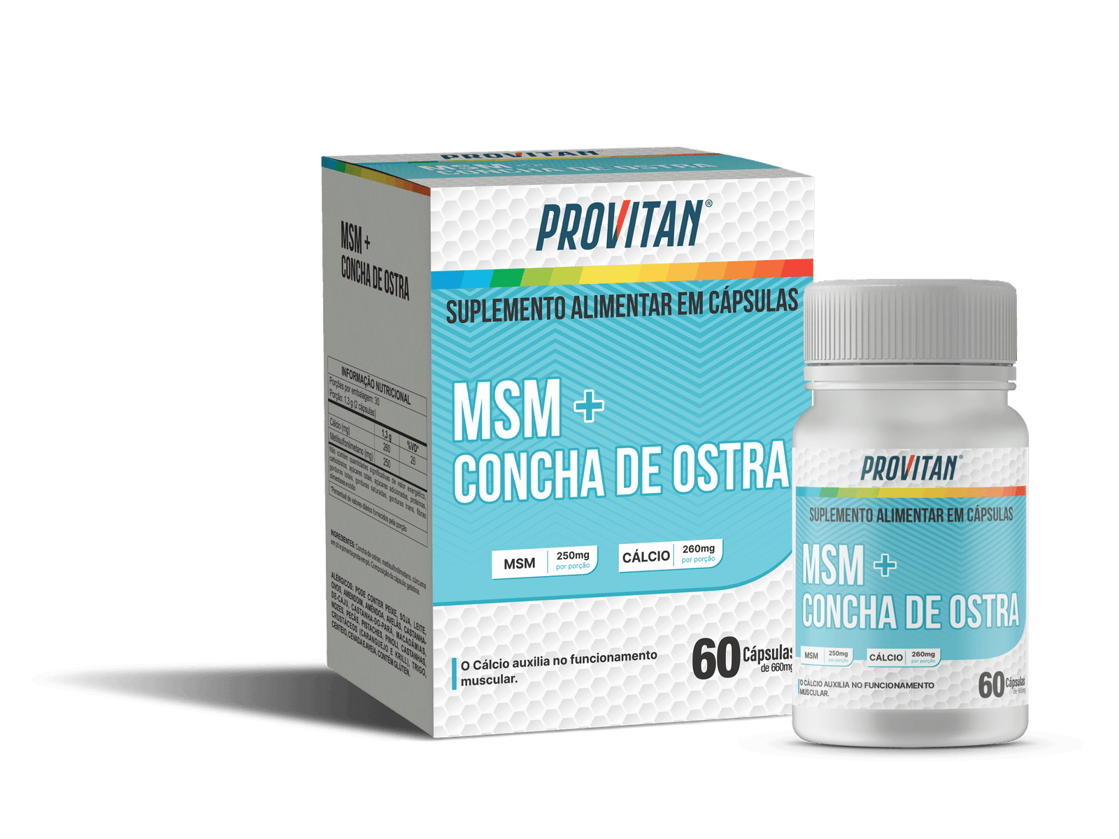 MSM (Metilsulfonilmetano) + Concha de Ostra (Cálcio) Provitan 660 mg – 60 Cápsulas para Saúde Articular