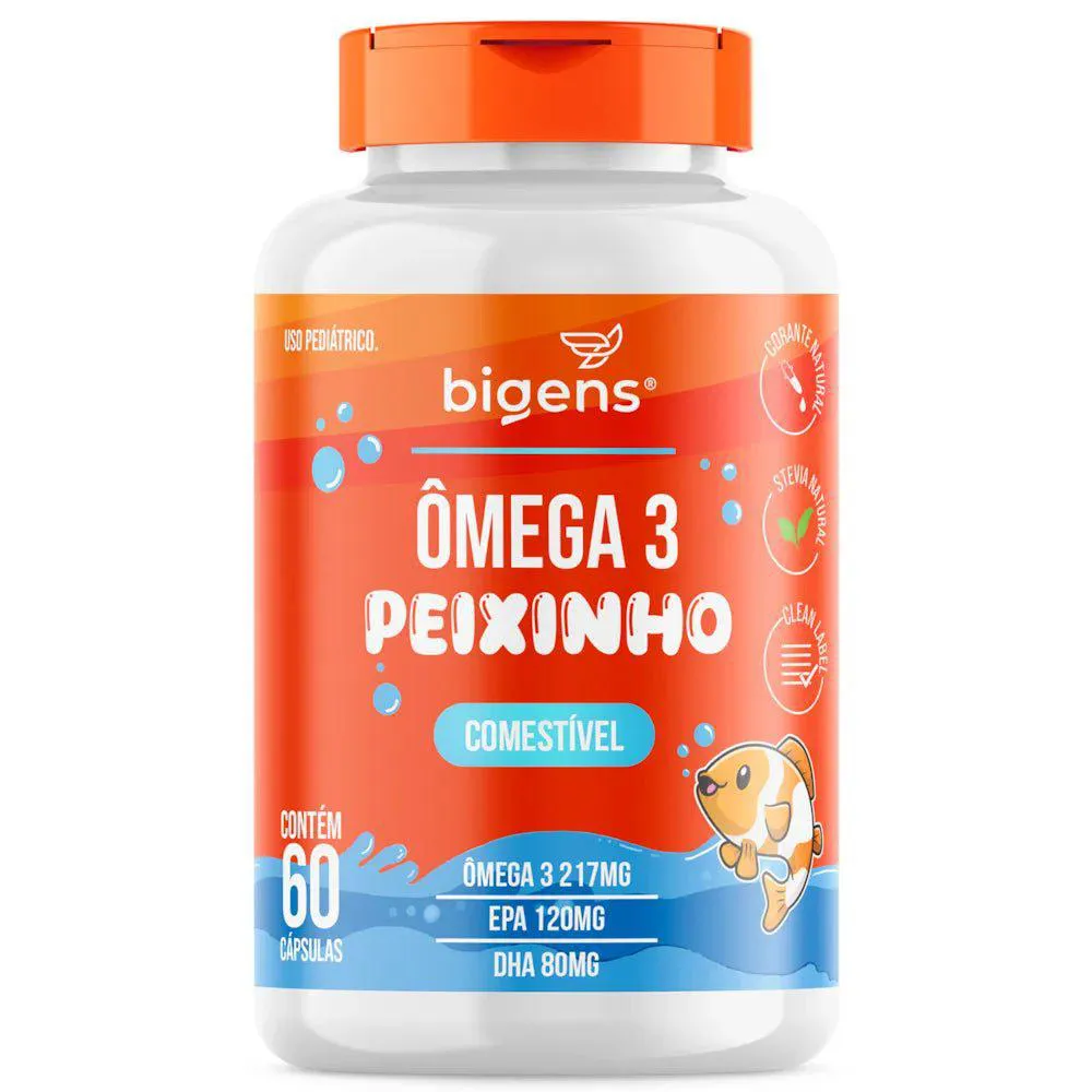 Ômega 3 Peixinho Mastigável 60 Cápsulas | DHA + EPA Sabor Laranja, Corante Natural, Zero Açúcar | Bigens