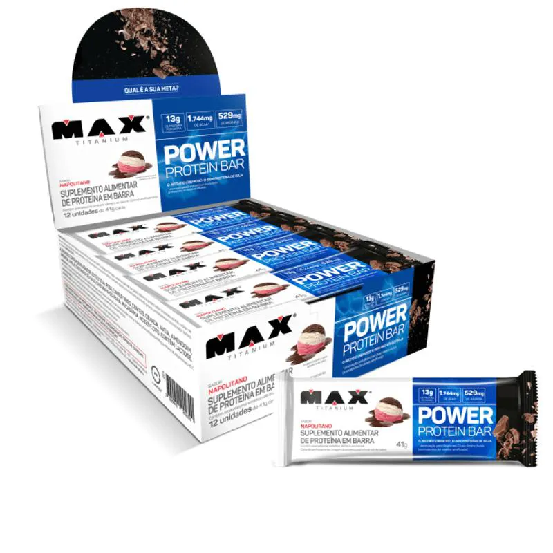 Power Protein Bar 41g Sabor Napolitano – Barras de Proteína 12un – Max Titanium Caixa C12 unidades