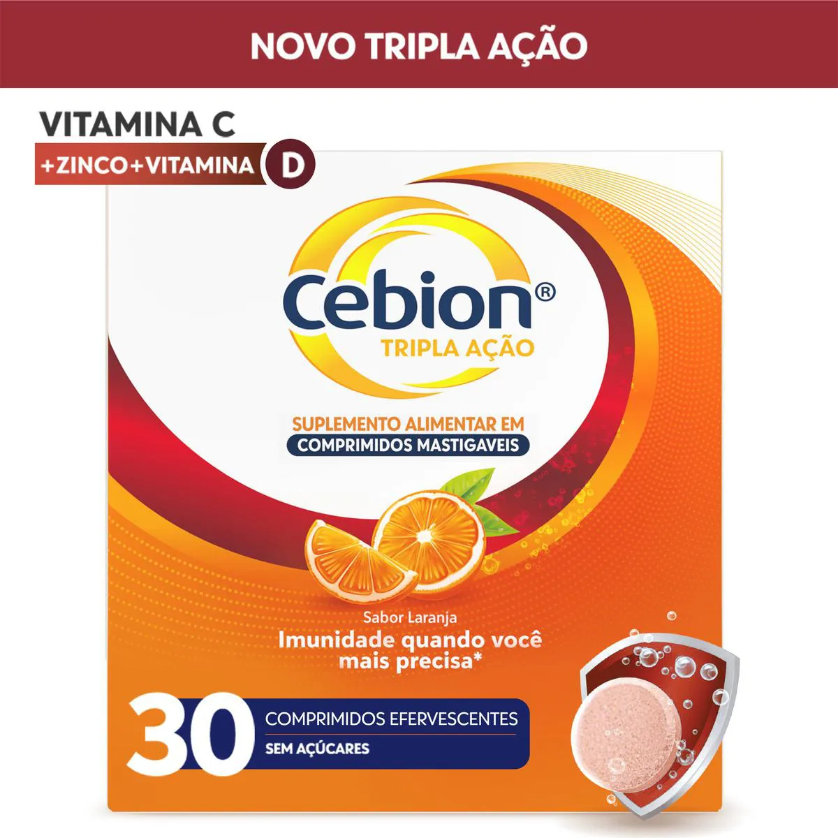 Vitamina C Efervescente Cebion Sabor Laranja Tripla Ação 30 comprimidos