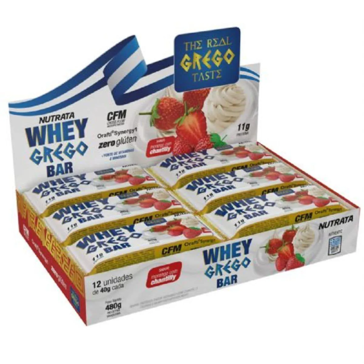 Whey Grego Bar Nutrata Morango com Chantilly 40g 12 unidades