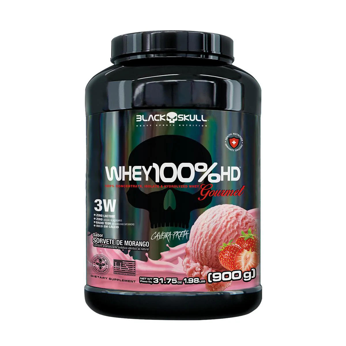 Whey Protein Black Skull 100% HD Gourmet Sorvete de Morango 900g