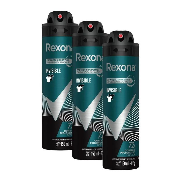 Kit com 3 Desodorantes Antitranspirantes Aerosol Masculino Rexona Invisible 72 Horas 150ml
