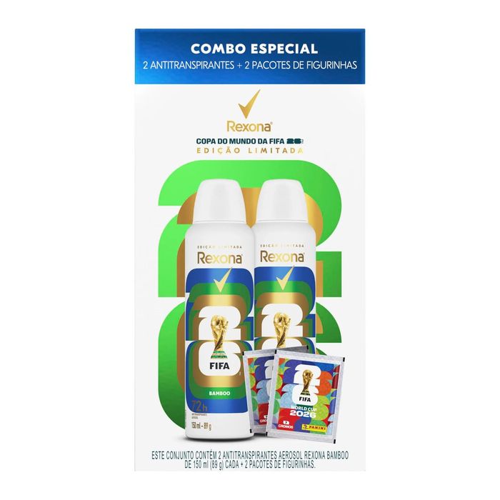 Kit Desodorante Antitranspirante Aerossol Rexona Bamboo 72h 150ml 2 unidades + Pacote de Figurinhas Edição Limitada FIFA 2 unidades