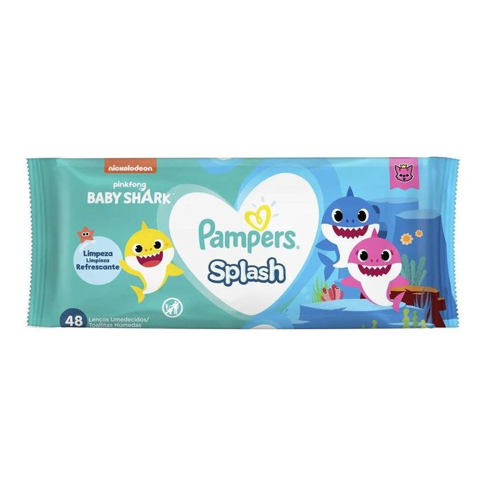 Lenço Umedecido Pampers Splash Baby Shark Limpeza Refrescante Sem Álcool Macio e Forte 48 unidades