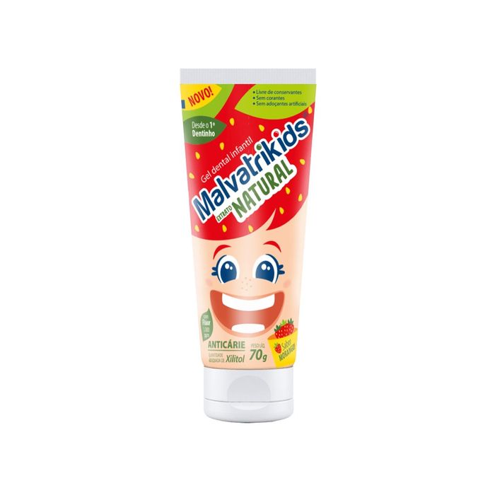 Gel Dental Infantil Malvatrikids Extrato Natural Anticáries Flúor Xilitol Sabor Morango 70g