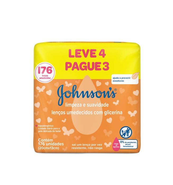 Pack Lenço Umedecido Johnsons Leve 4 Pague 3 Unidades Pacote 176 Folhas