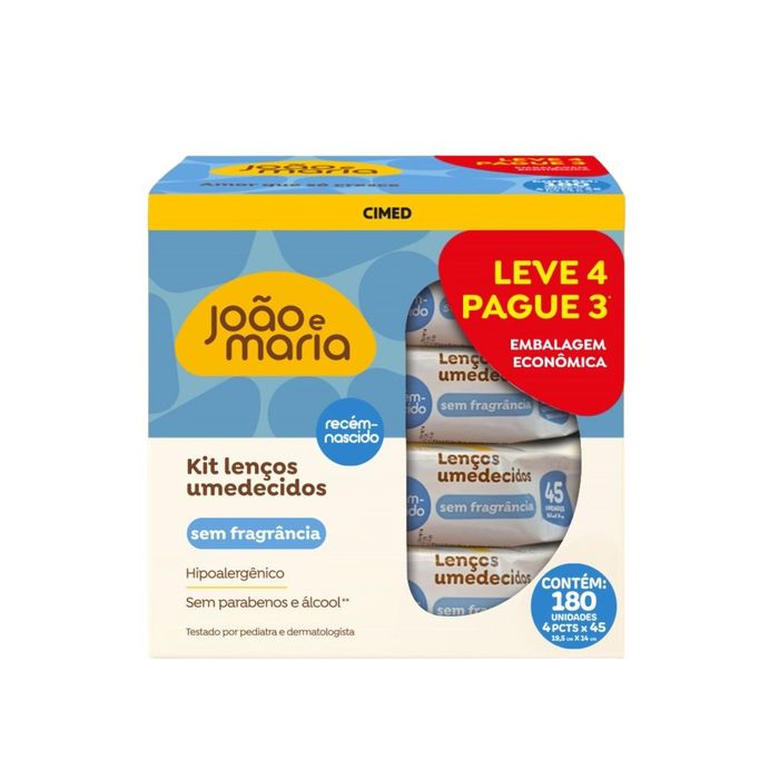 Kit Lenço Umedecido João E Maria Recém-Nascido Sem Fragrância Com Glicerina E Aloe Vera 4 Un Com 45 Folhas Cada Leve 4 Pague 3 Unidades