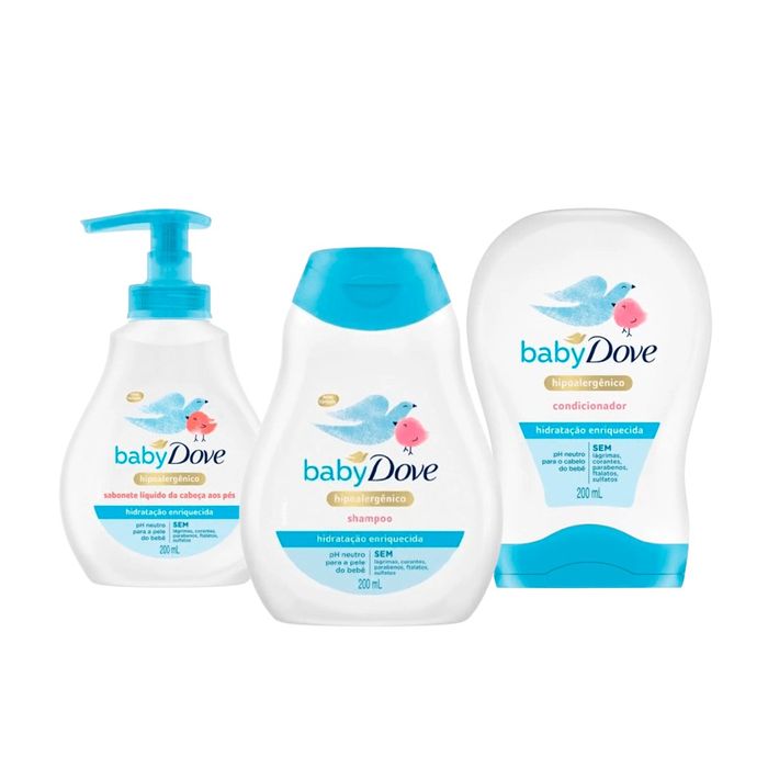 Kit Infantil Dove Hidratação Sabonete Líquido 200ml + Shampoo 200ml + Condicionador 200ml