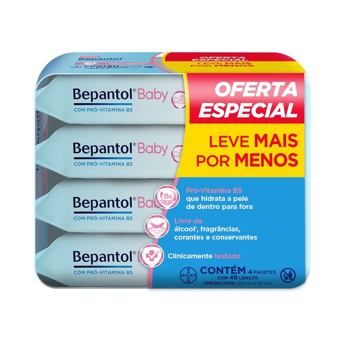 Lenços Umedecidos Bepantol Baby Sem Fragrância Hipoalergênico com Pró-Vitamina B5 48 Unidades 4 pacotes Leve 4 Pague 3