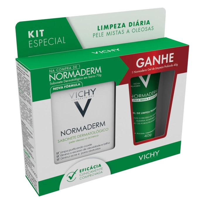 Kit Sabonete Dermatológico em Barra Vichy Normaderm 70g 1 Uni + Gel de Limpeza Profunda Vichy Normaderm 40g 1 Uni