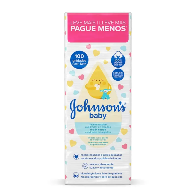 Algodao Quadrado Johnson ́s Baby Para Recem Nascido Com 100 Unidades